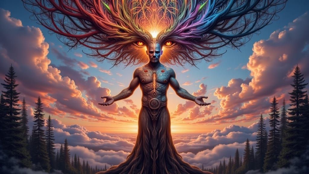 Fractal-Faced Shaman Summons Storm in Dreamscape