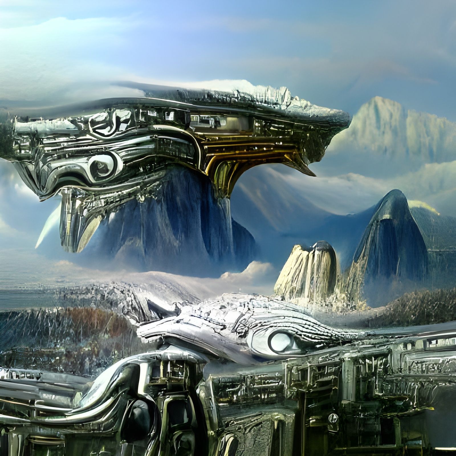 Sci-Fi Fortress on Snowy Peaks with Spaceships