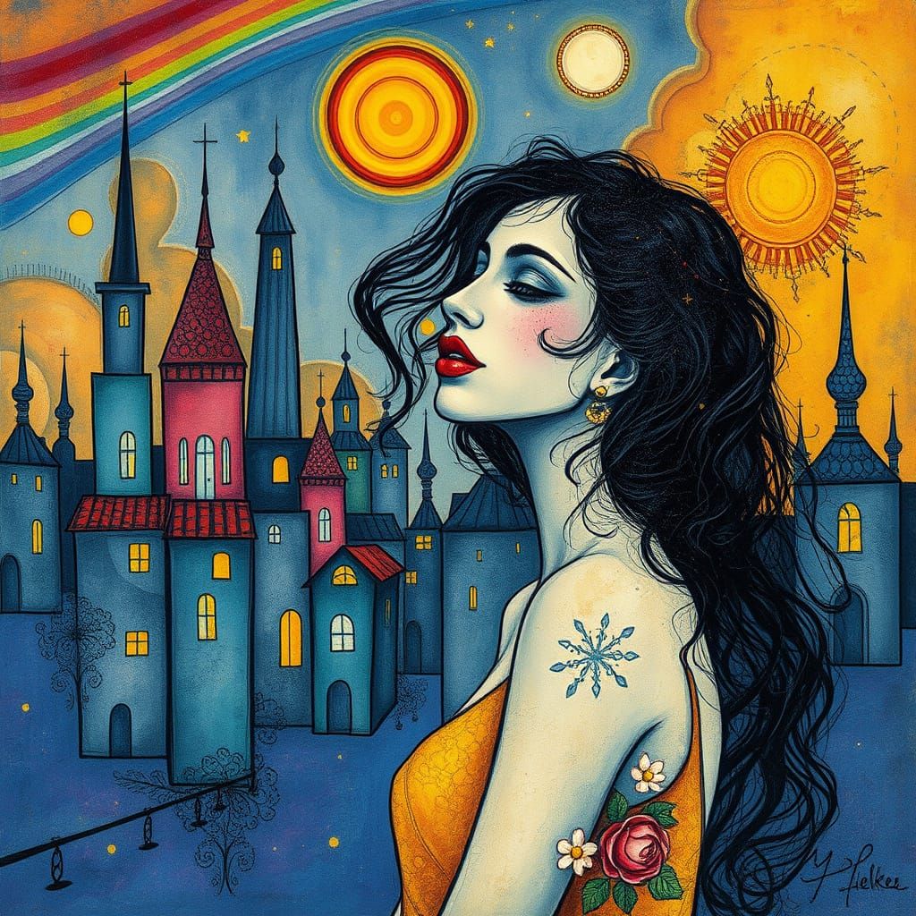 Mystical Cityscape Dream in Mixed Media Style