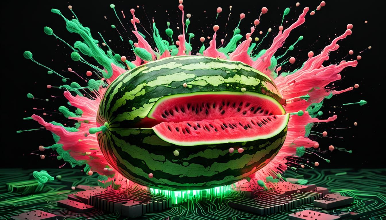 Neon Organic Watermelon Motherboard Explosion