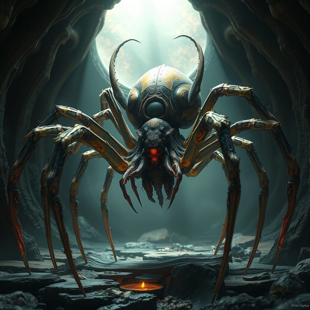 Biomechanical Spider Creature in Mystical Environment