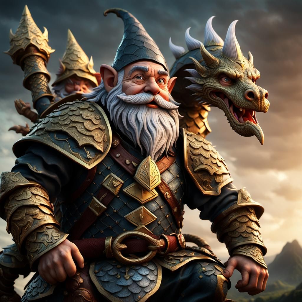 Gnome Rides Serpent in Golden Hour Glow