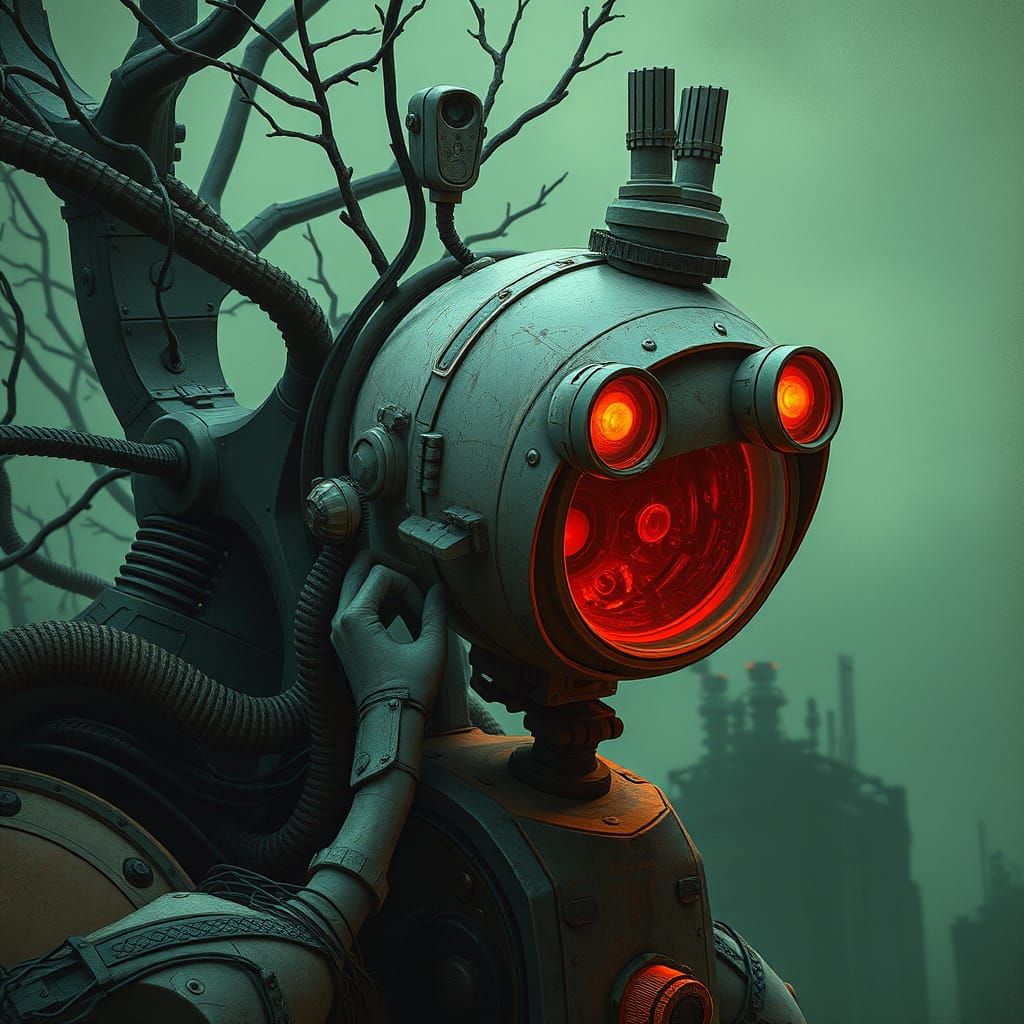 Industrial Futurist Sparrow in Dystopian Landscape