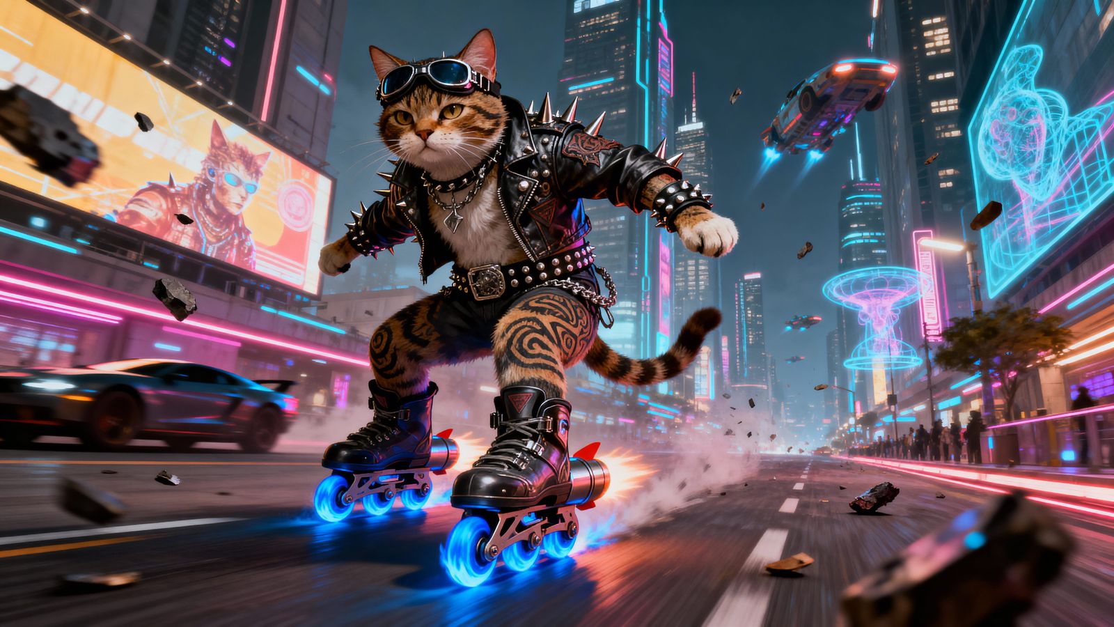 Punk Rock Cat on Rocket Skates in Futuristic City