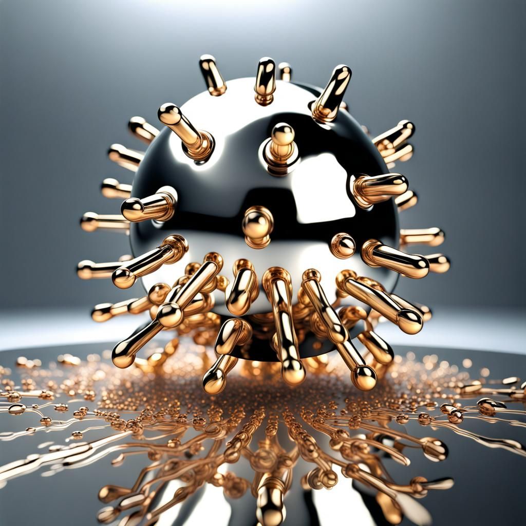 A metallic virus spreading, growing, increasing its reach, highly reflective, metallic liquid, abstract, weird, vibrant,...