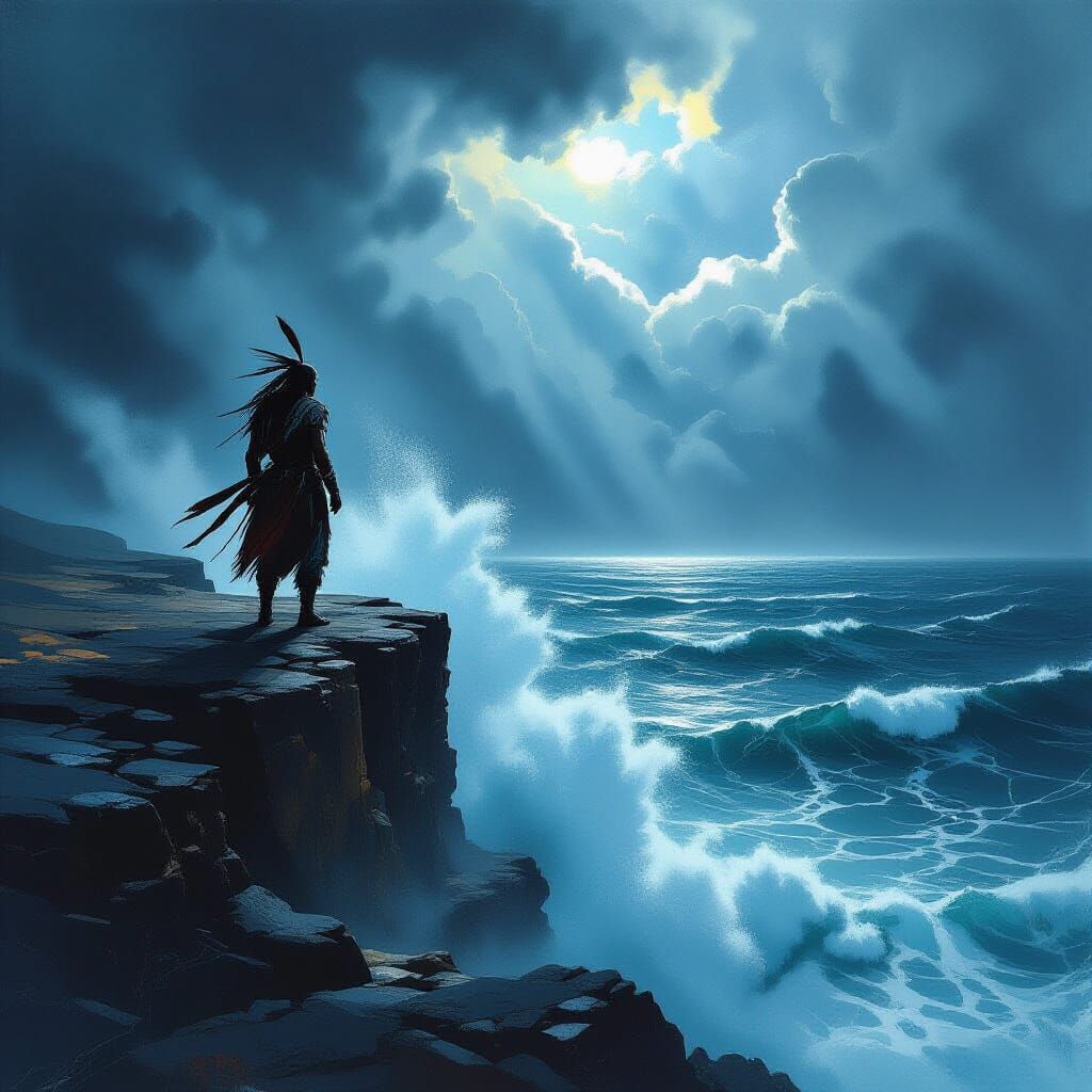 Apache Warrior on Cliff Overlooking Stormy Sea