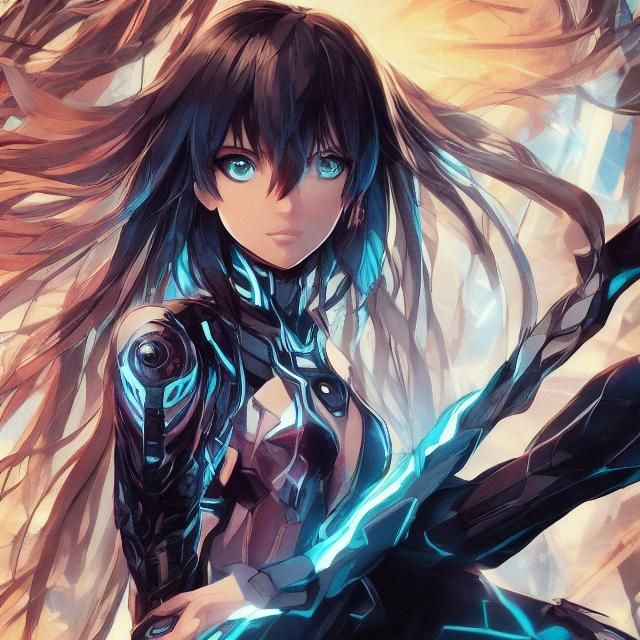 Close up portrait of an Anime brunette hair Female sitting, looking at camera. glowing, Anime, cartoon volumetric lighti...