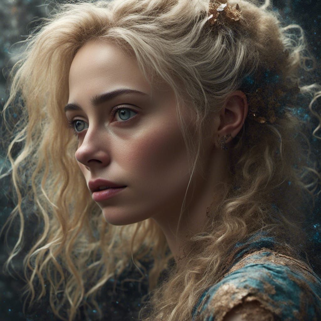 Vulnerable Blonde Woman Portrait in Detailed Matte Painting