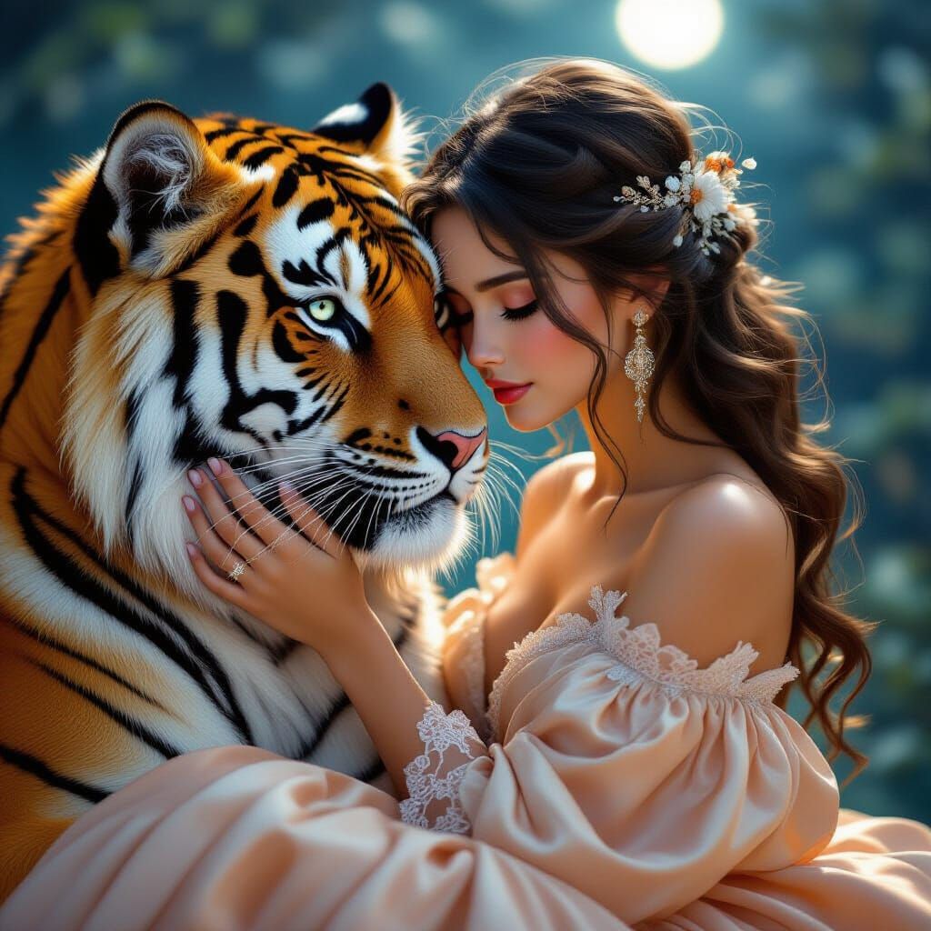 Girl and Tiger Embrace Under Moonlight