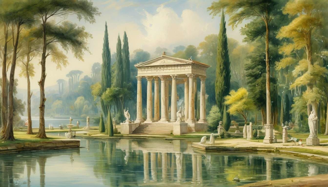Picturesque Seaside Park with Roman Temple Watercolor