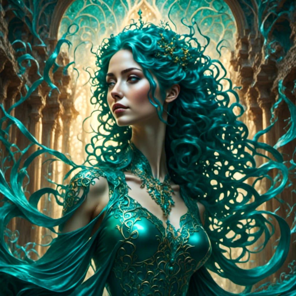 <lora:The shine of latex:1.0> <lora:G Filigree:1.0> Beautiful Woman with wavy teal hair