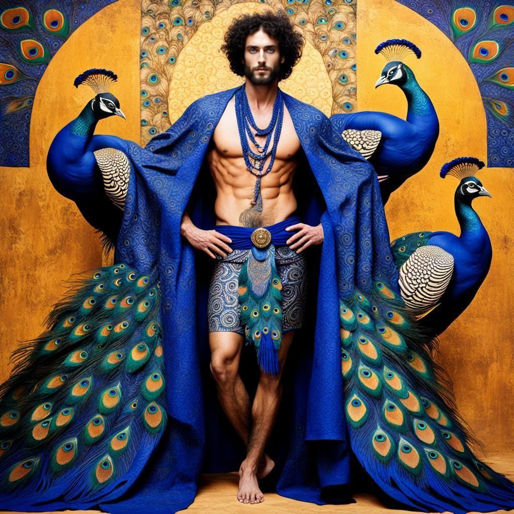 Peacocks and a Man in Klimt Style