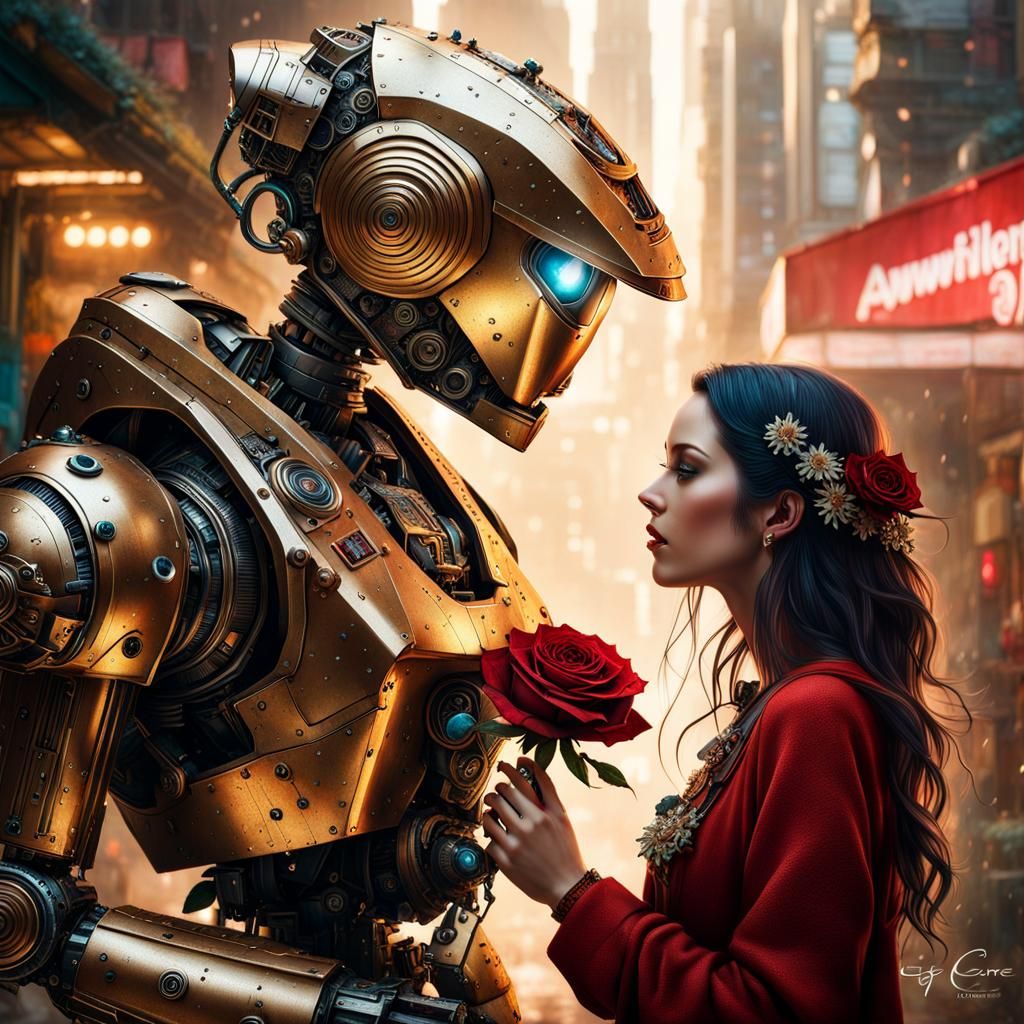 Retro Robot Proposal with Metal Rose Portrait