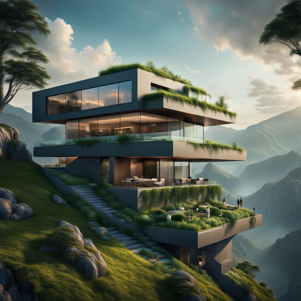 Hypermodern Mountain House with Greenery: Digital Matte Pain...