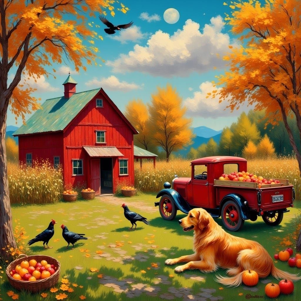 Autumn Barn Scene Reminiscent of Gouache Painting