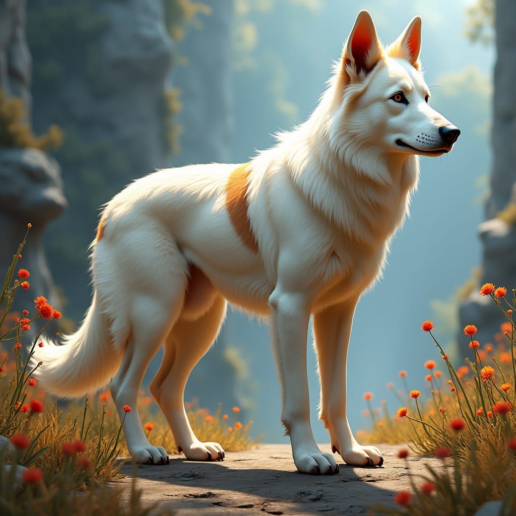 Regal White German Shepherd in Fantasy Landscape