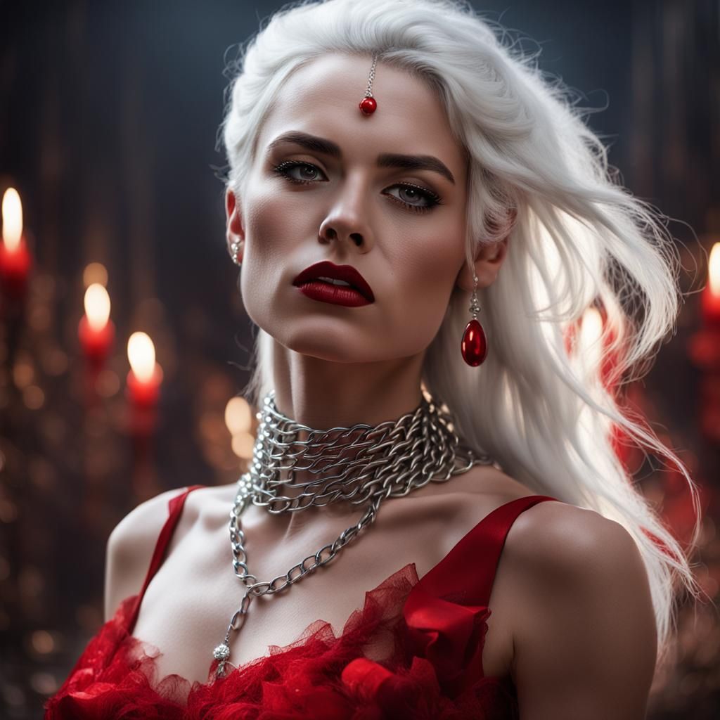White-Haired Woman in Red Gown, Sinister Fantasy Art