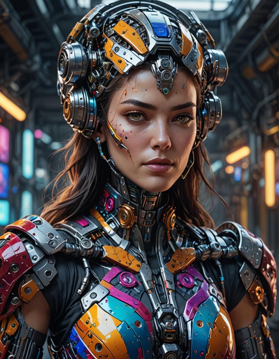 Cyborg Woman Portrait in Hyperrealism