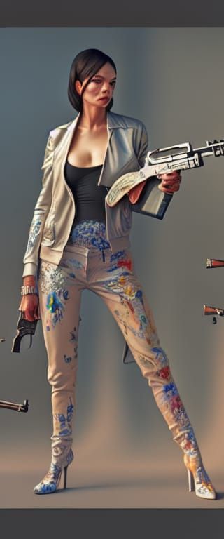 Female Gangster with Gun: Hyperrealistic Oil Painting