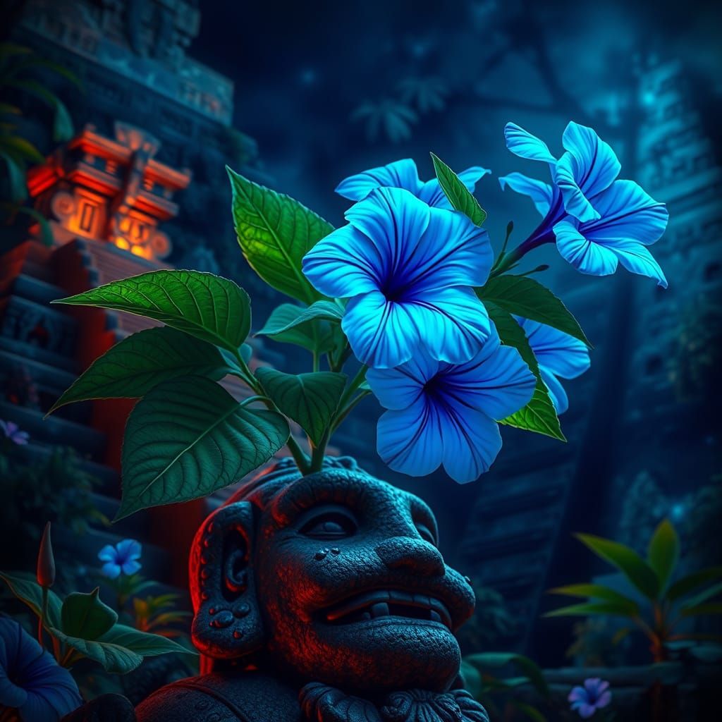 Bioluminescent Petunia Blossoms on Ancient Aztec Statue