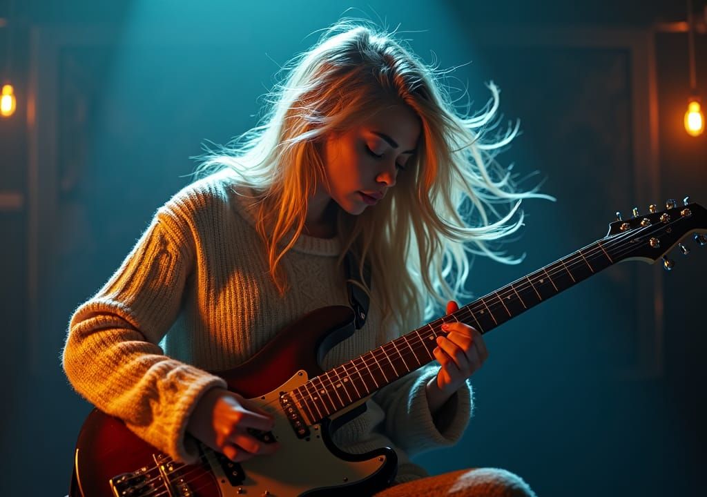 Blonde Woman Plays Guitar in Atmospheric Studio