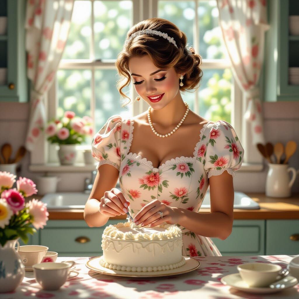 Tradwife Decorates Cake in 1950s Kitchen: Photorealistic Ren...
