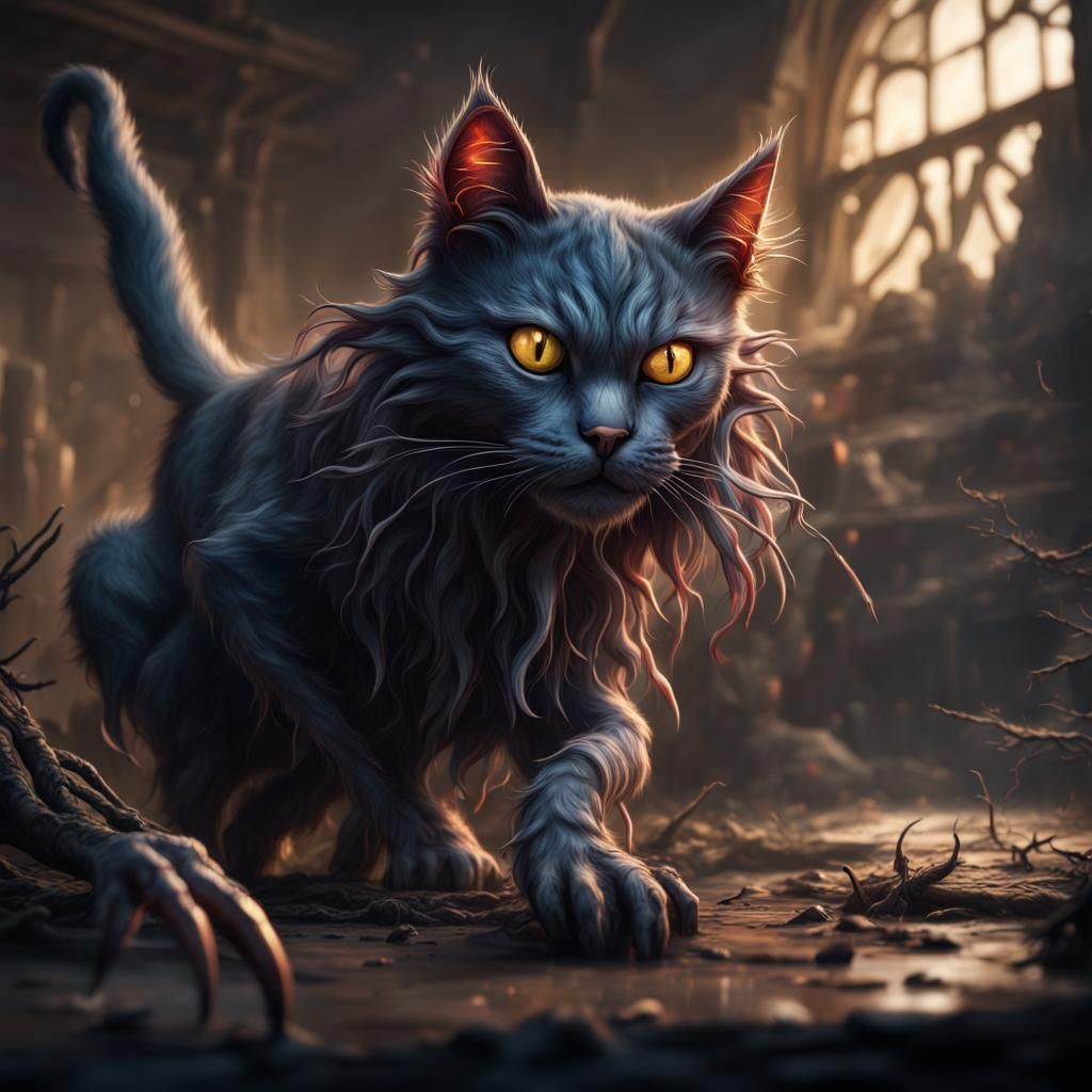 Creepy Long-Clawed Cat Hunting: Detailed Digital Art