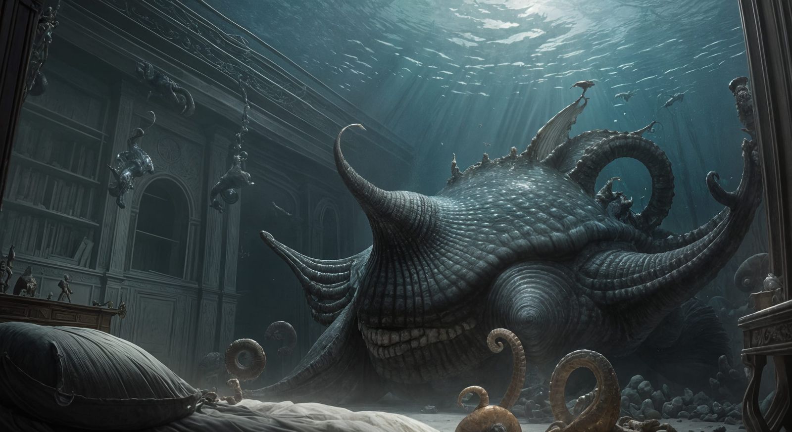 Surrealistic Bedroom Scene: Manzise Sea Snail Devours Boy in...