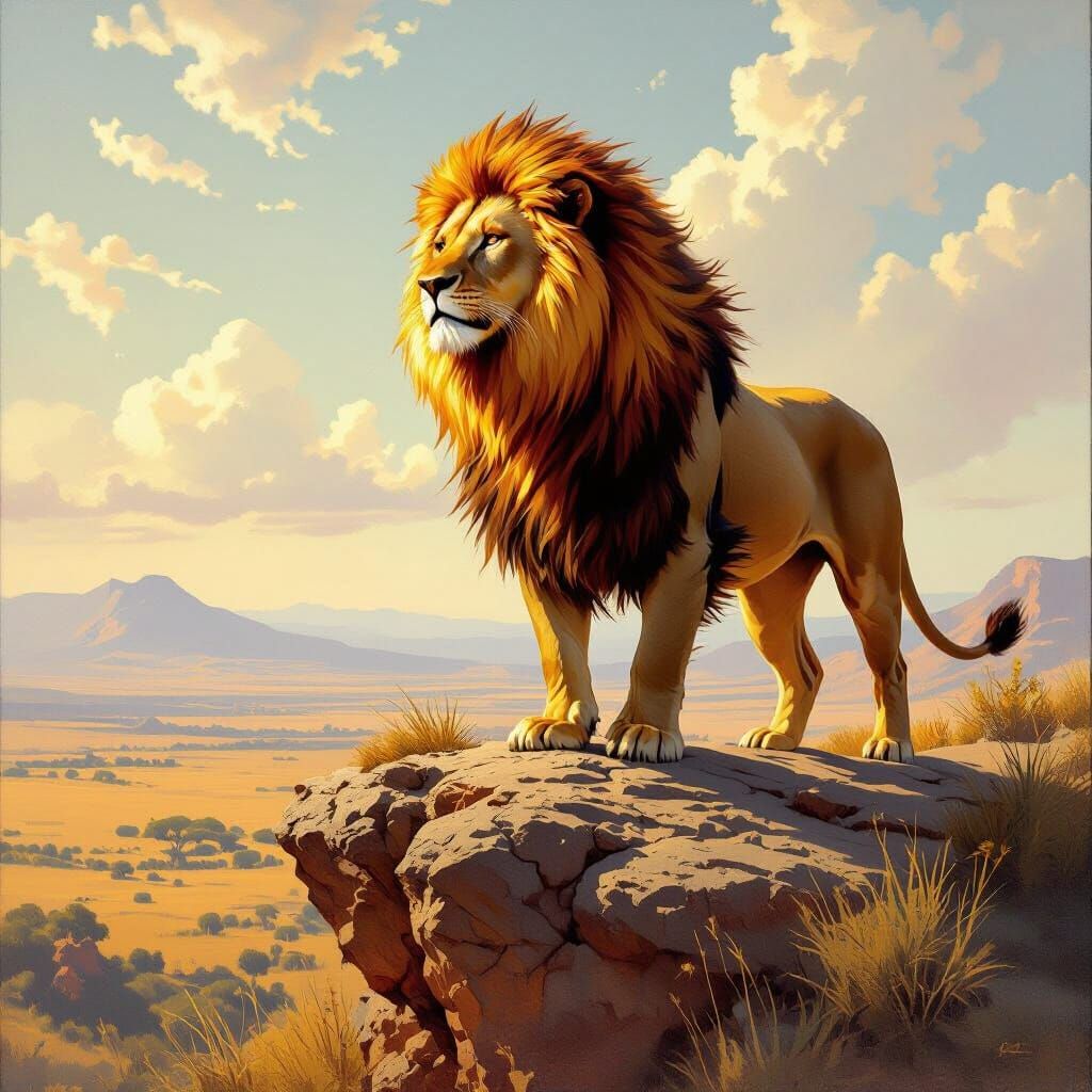 Lion with Fiery Mane in Style of Oil Painting