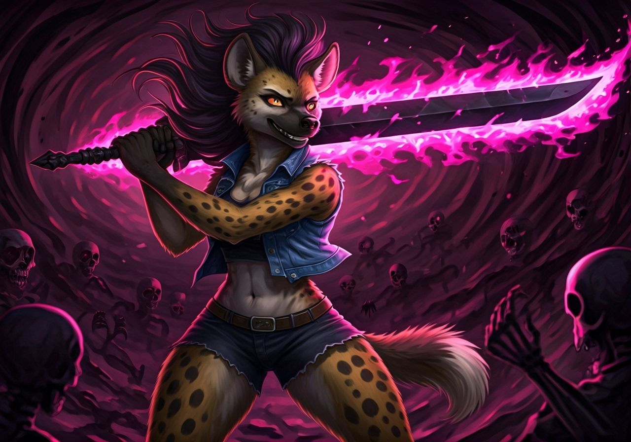 Anime Hyena Warrior Fights Skeleton Horde with Fire Claymore