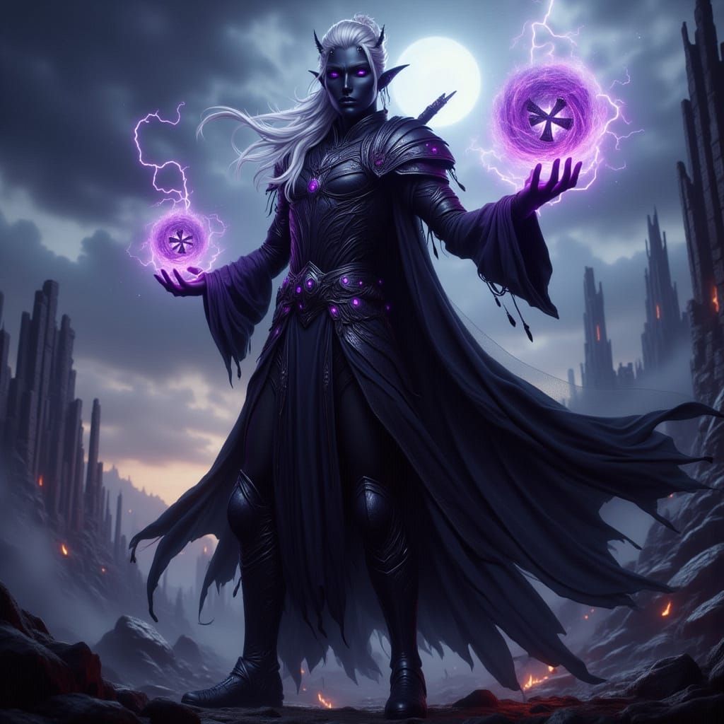 Dark Elf Mage Conjures Shadow Magic on Obsidian Battlefield
