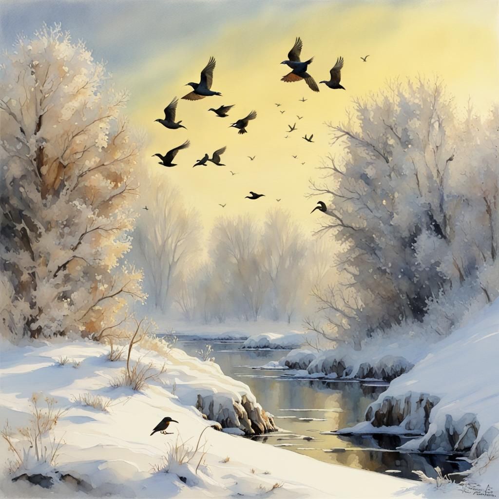 Winter Landscape with Birds in Watercolor Style