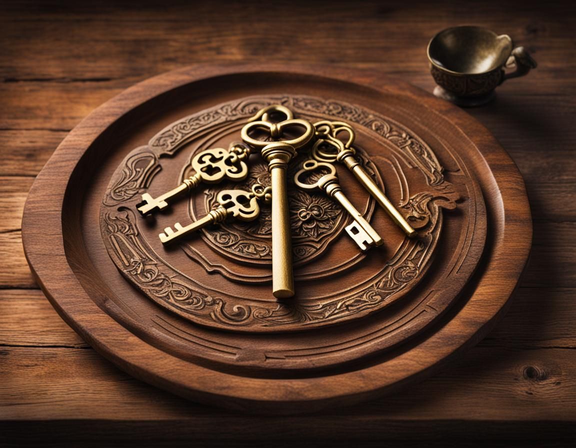 Ornate Keys on Wooden Plate Still Life
