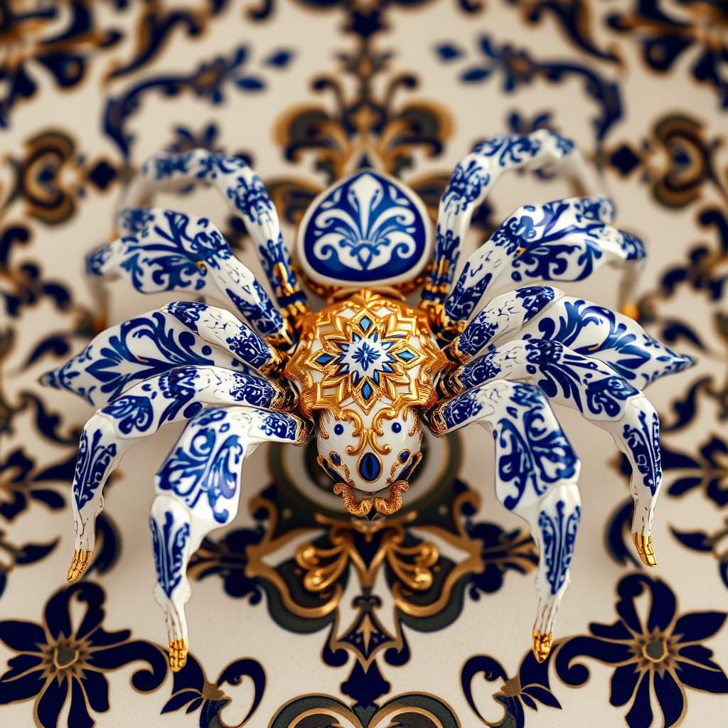 Azulejo Peacock Spider in Rococo Neoclassical Style