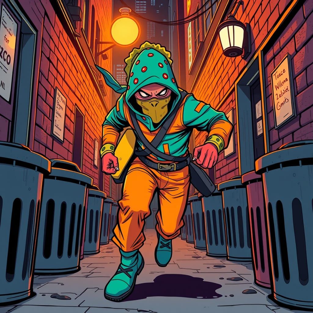 Vibrant Taco Ninja Sneaks Through City Alleyway in Comic Boo...