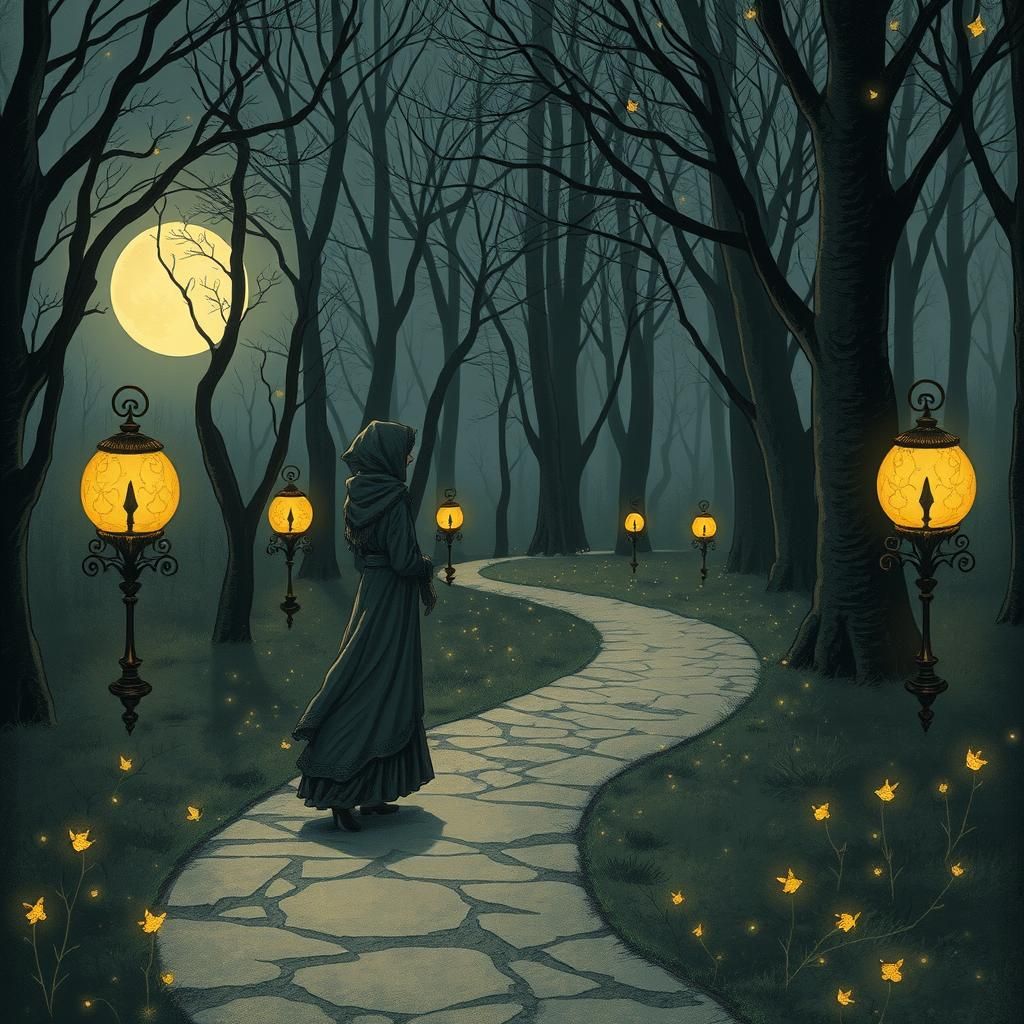 Enchanted Wood: Arthur Rackham-Inspired Moonlit Path