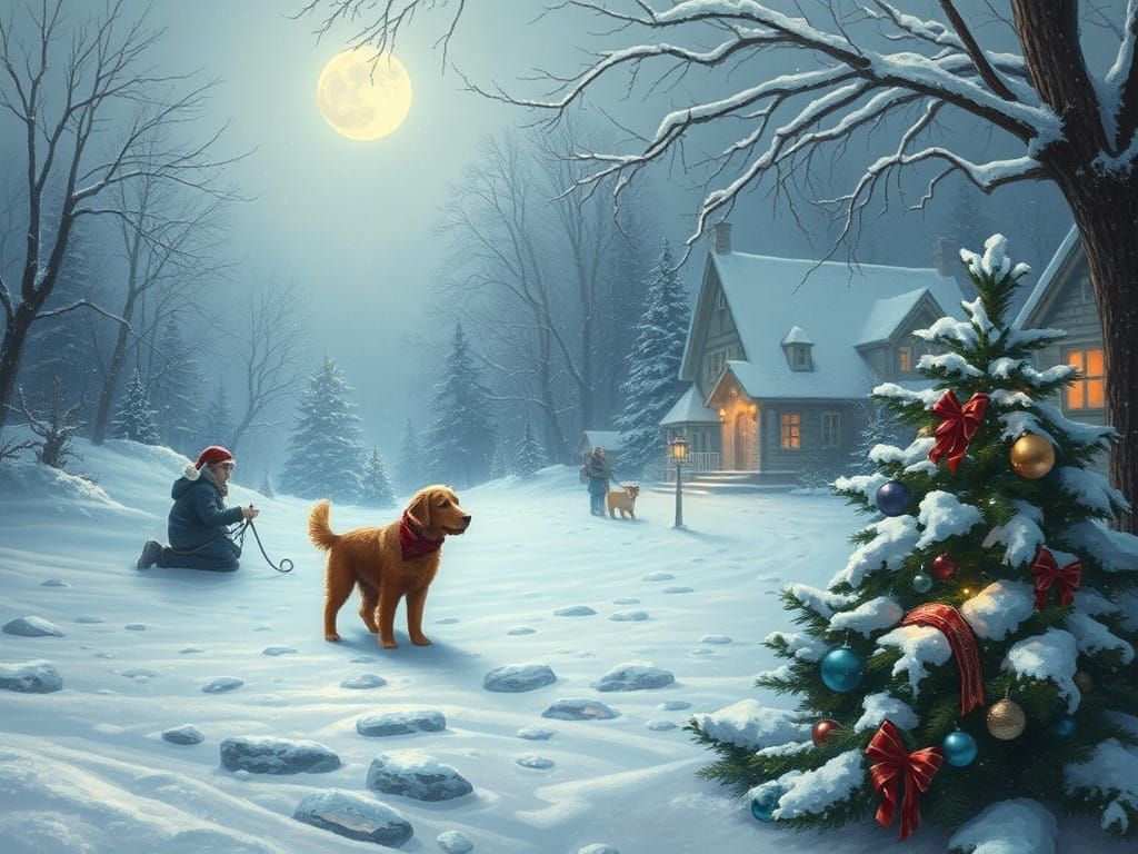 Winter Christmas Scene with Barzoi Dog in Ethereal Fantasy S...