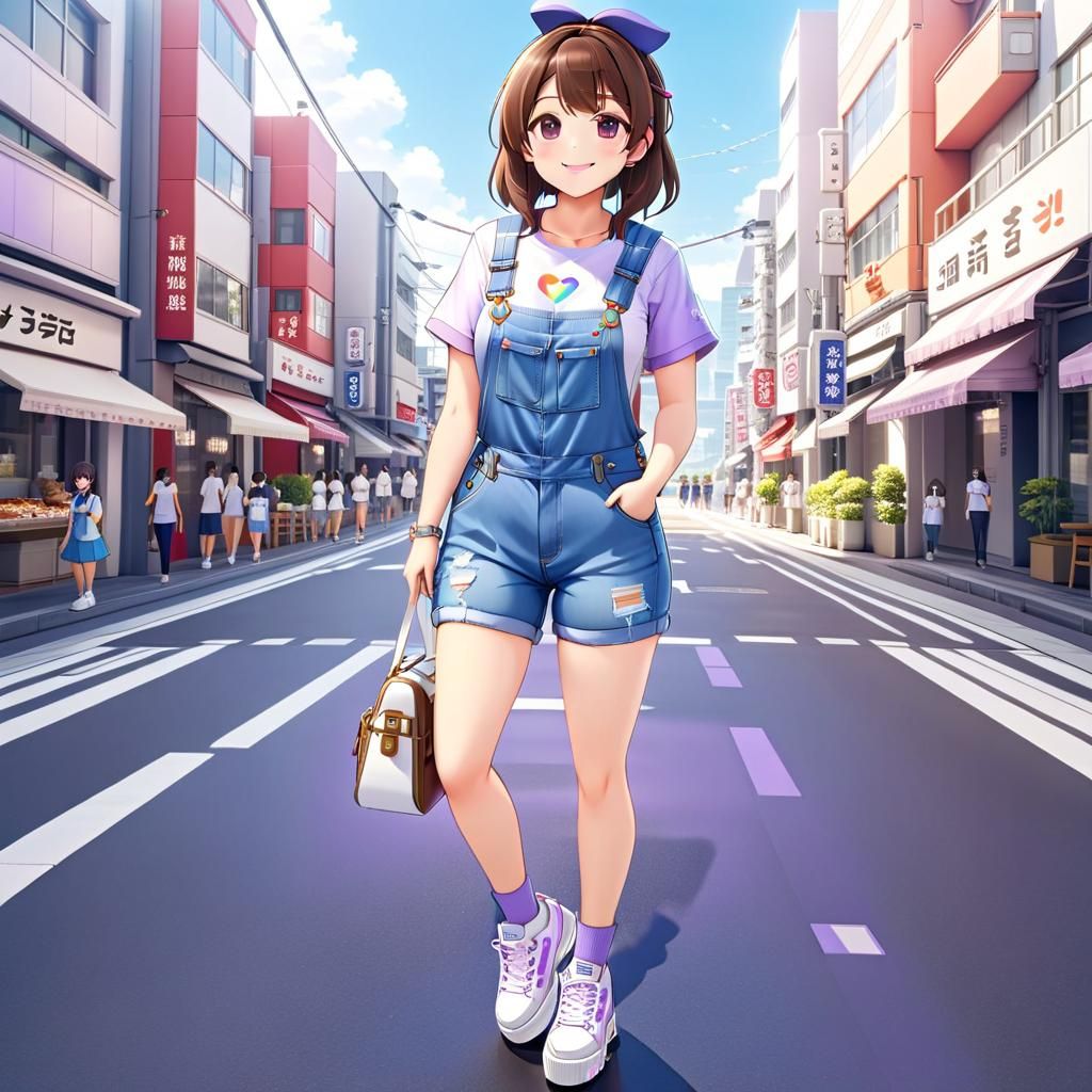 Anime Chibi Girl in Denim Overalls