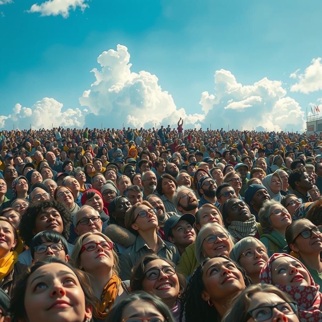 Throngs of People Unite Under Vibrant Blue Sky in Futuristic...