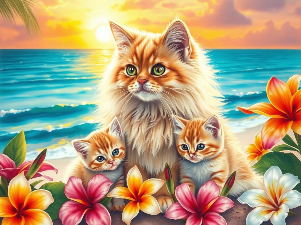 Ragdoll Cat and kittens, beach