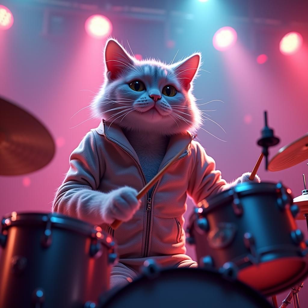Hyperrealistic Cat Drummer in Futuristic 3D Rendering