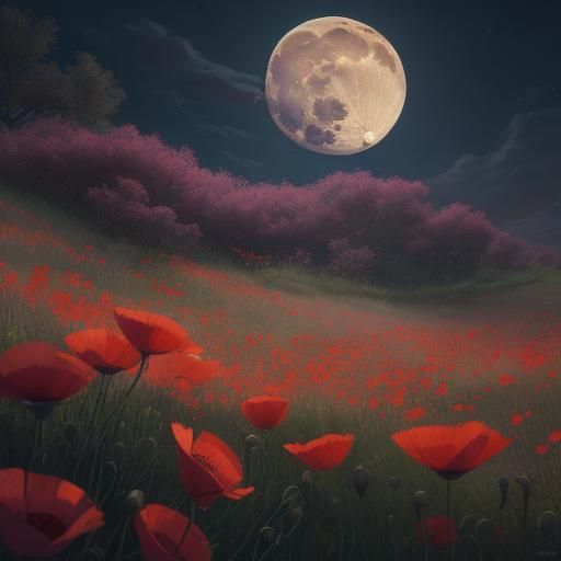 Pink Poppies Swaying Under Moonlight: Digital Art