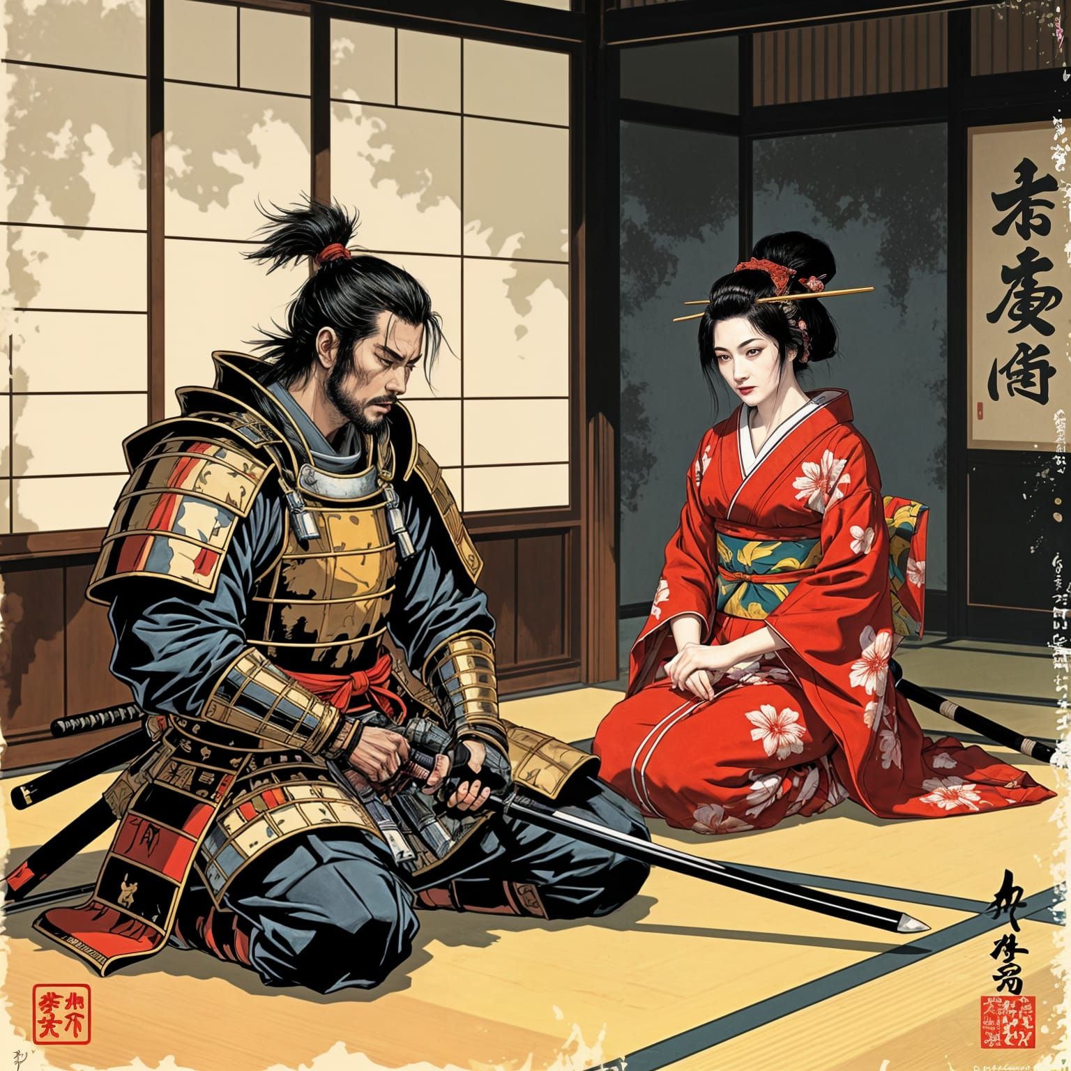 Samurai and Ninja Concubine in Japanese Art Style