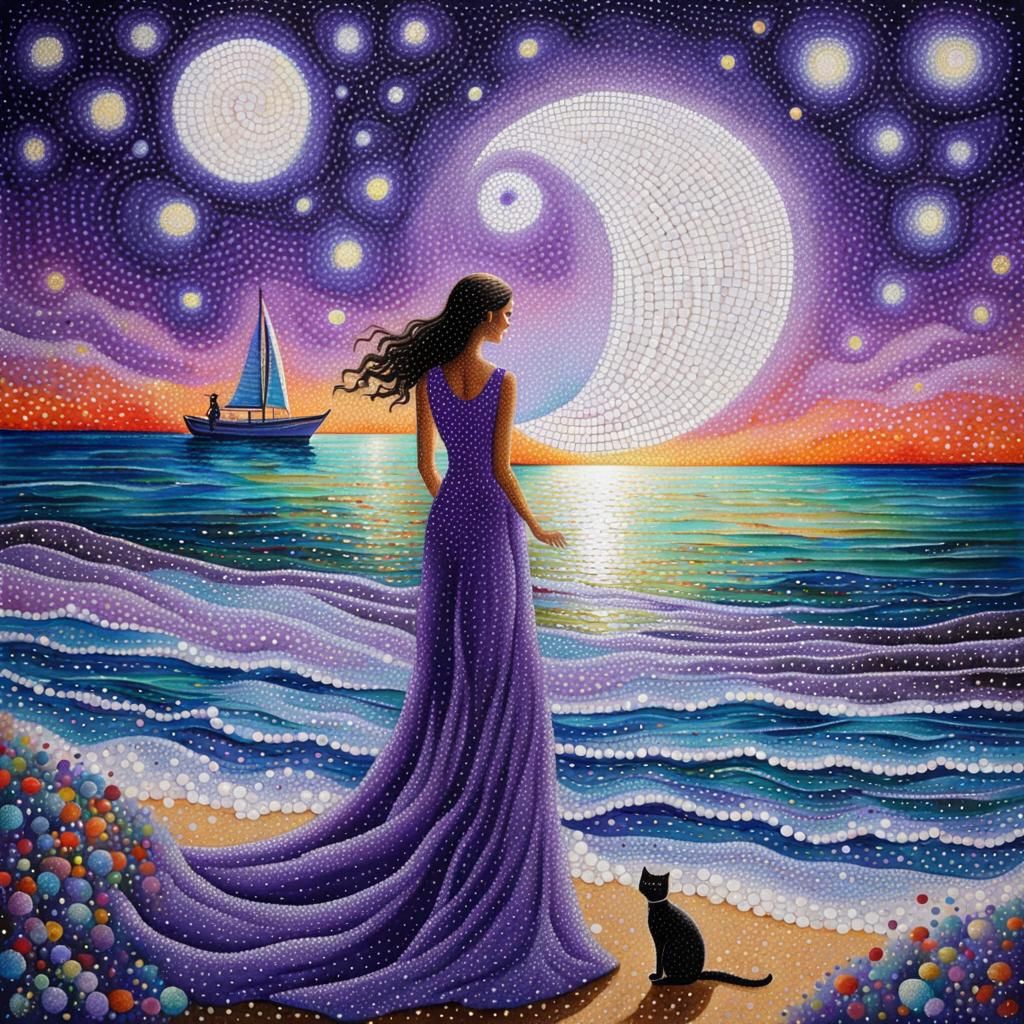 Pointillist Woman on Beach with Cat and Stars