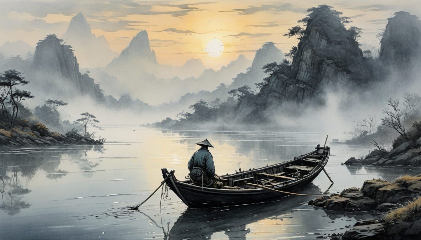 Misty Watercolour Painting of Chinese Fisherman at Sunset