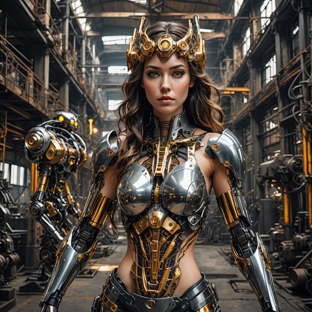 Golden Cyborg Woman in a Molten Metal Factory