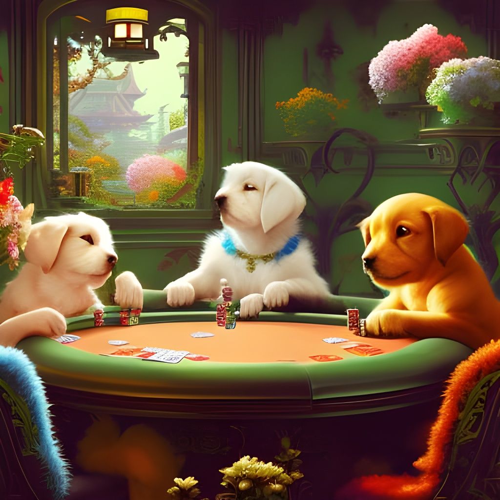 Puppies Playing Poker in Art Nouveau Style