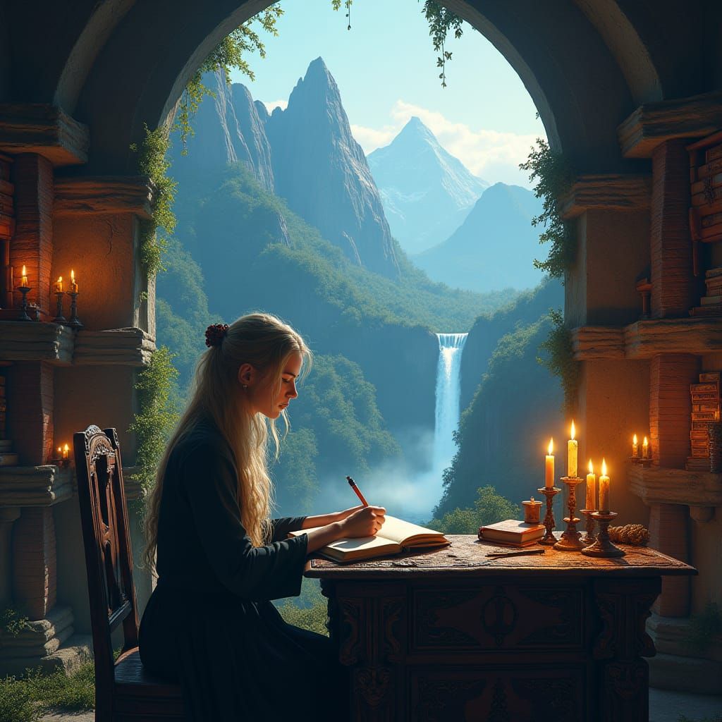 Mystical Sorceress in a Fantasy Library