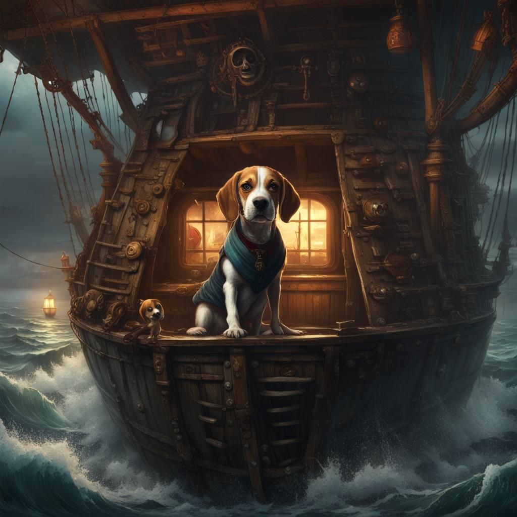 Boy and Beagle on Sinister Ship: Dark Fantasy Art
