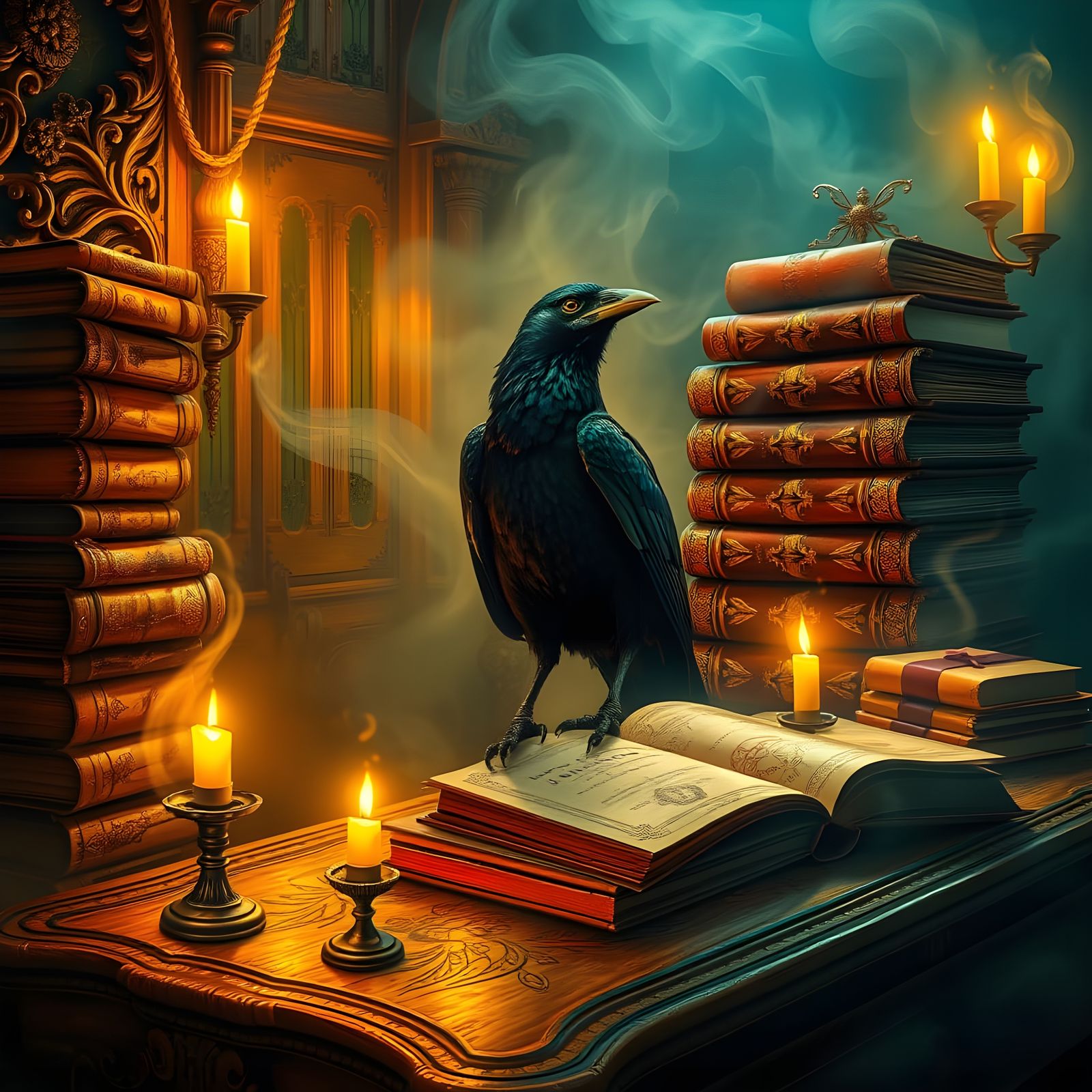 Crow Amidst Books and Candles: Art Nouveau Style